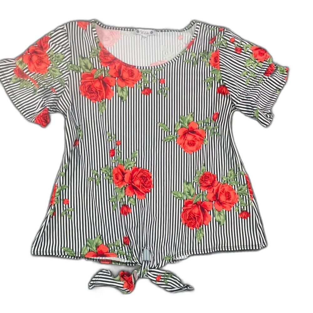 Wilde Floral Stripe Top XL Red Rose Graphic Print Short Sleeve Boho Blouse
